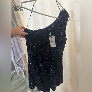 Blue One Shoulder Sequin Sheath romper
